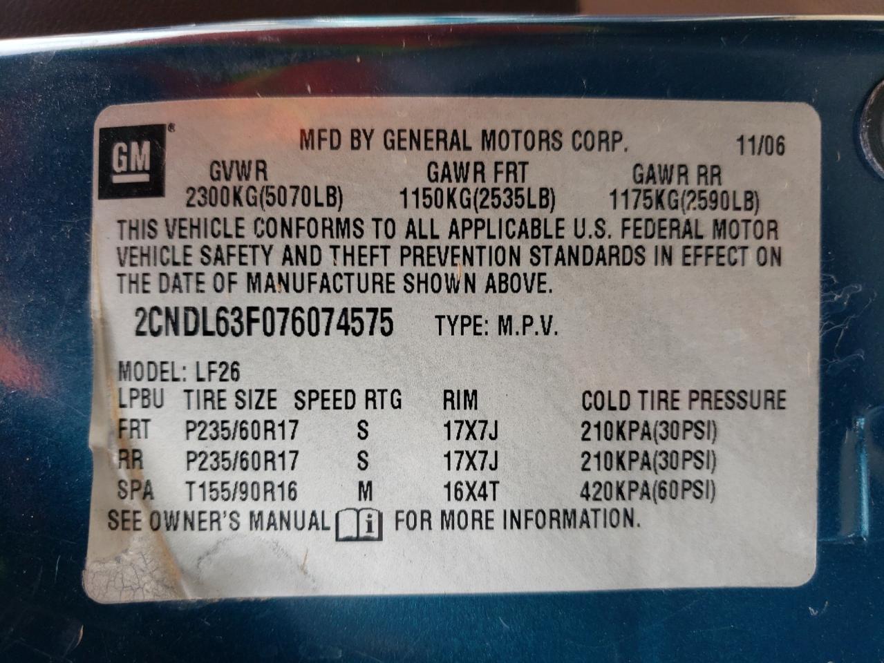 Photo 10 from auction – 2007 CHEVROLET EQUINOX LT with VIN 2CNDL63F076074575