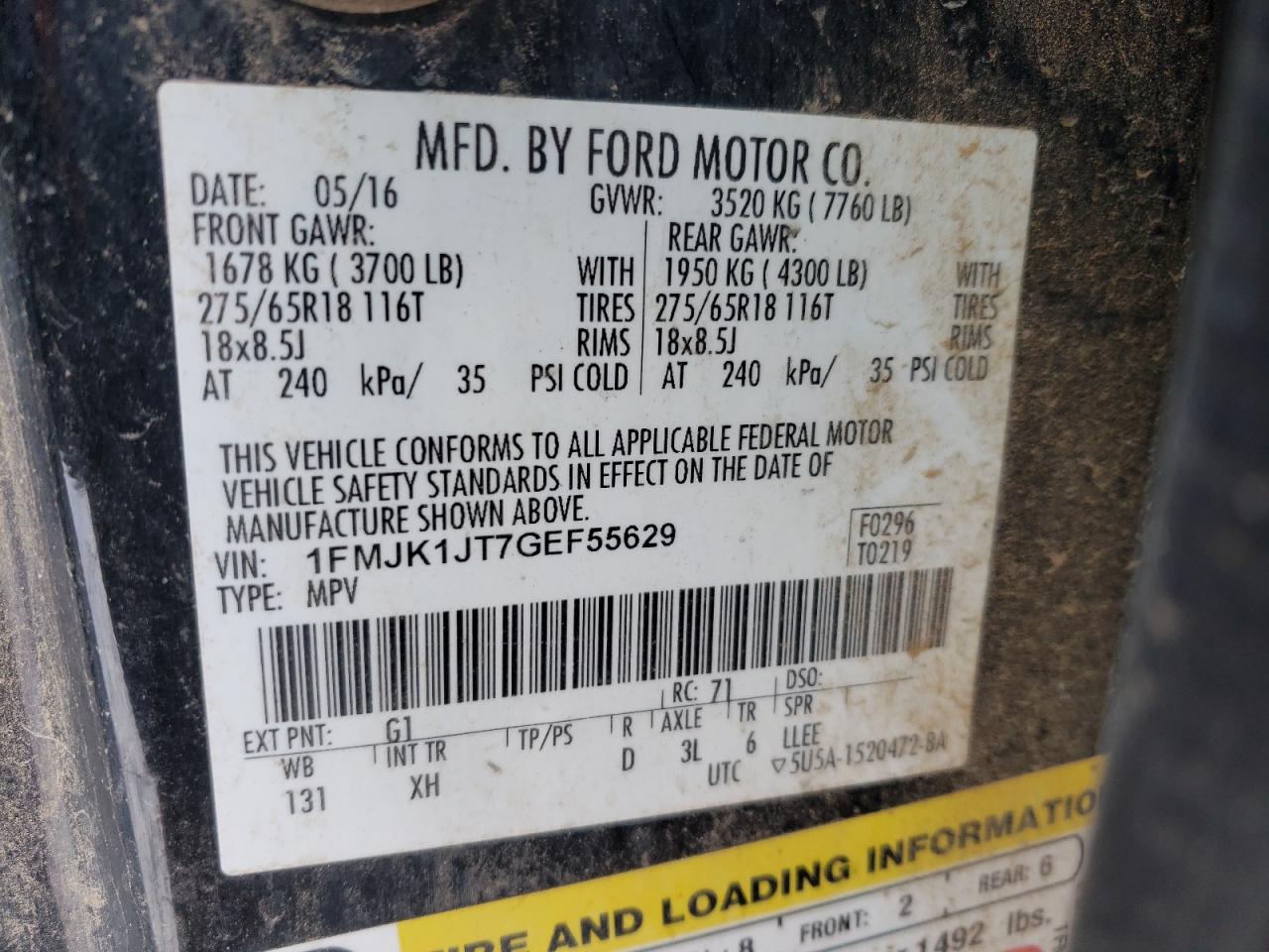 Photo 10 from auction – 2016 FORD EXPEDITION with VIN 1FMJK1JT7GEF55629