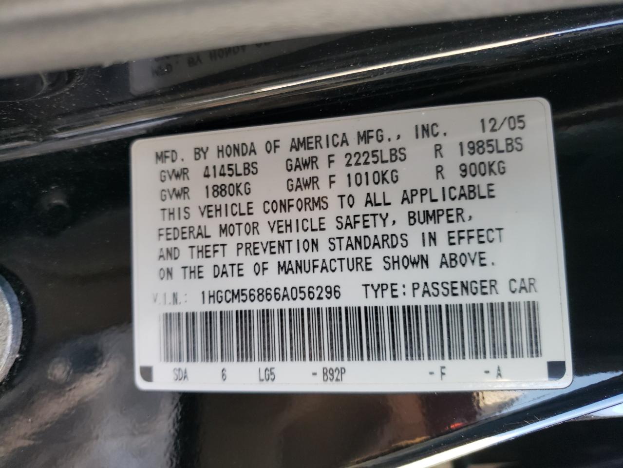 Photo 10 from auction – 2006 HONDA ACCORD with VIN 1HGCM56866A056296