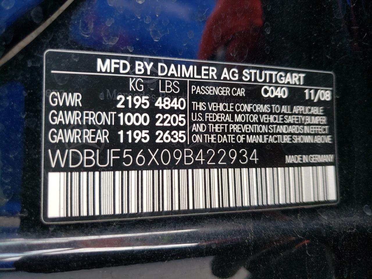 Photo 10 from auction – 2009 MERCEDES-BENZ E 350 with VIN WDBUF56X09B422934