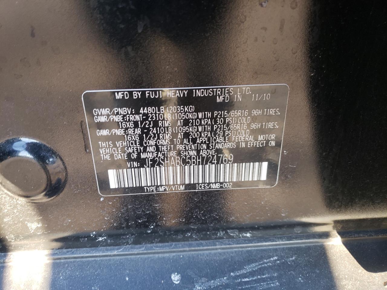 Photo 10 from auction – 2011 SUBARU FORESTER 2 with VIN JF2SHABC5BH724769