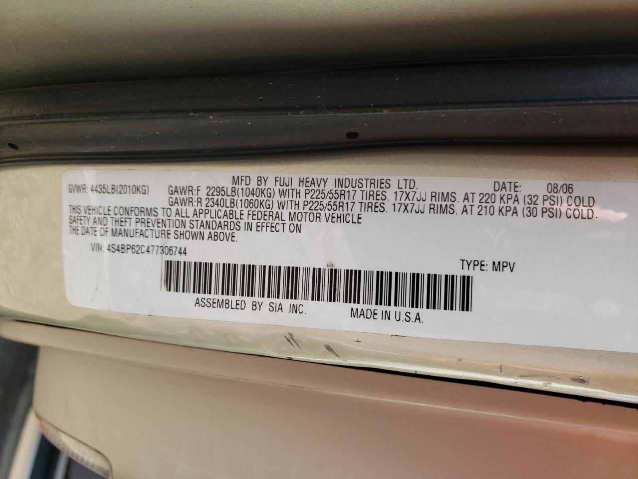 Photo 10 from auction – 2007 SUBARU OUTBACK OU with VIN 4S4BP62C477306744