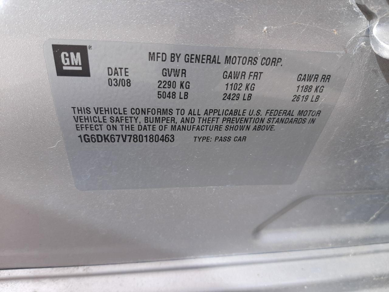 Photo 10 from auction – 2008 CADILLAC CTS with VIN 1G6DK67V780180463