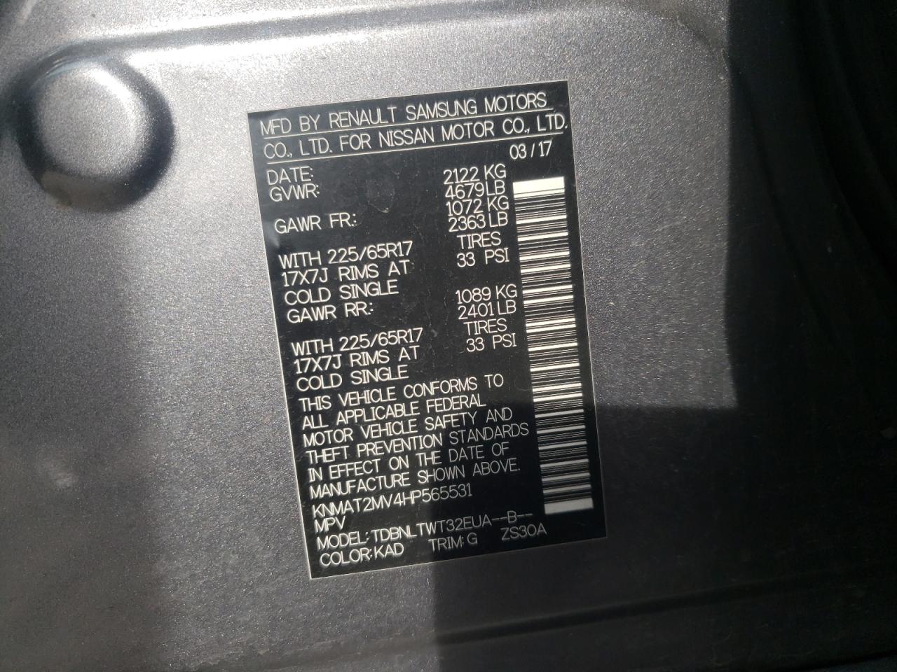 Photo 10 from auction – 2017 NISSAN ROGUE S with VIN KNMAT2MV4HP565531
