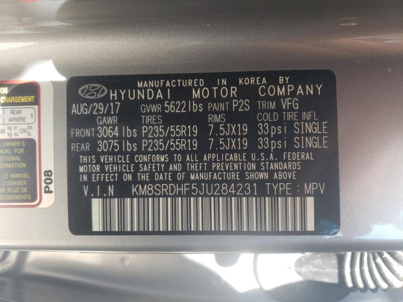 Photo 10 from auction – 2018 HYUNDAI SANTA FE S with VIN KM8SRDHF5JU284231