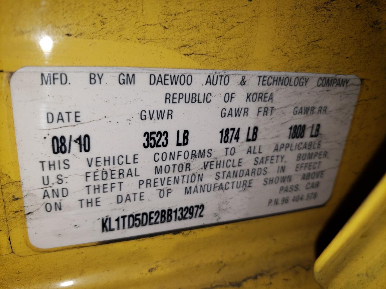 Photo 10 from auction – 2011 CHEVROLET AVEO LS with VIN KL1TD5DE2BB132972