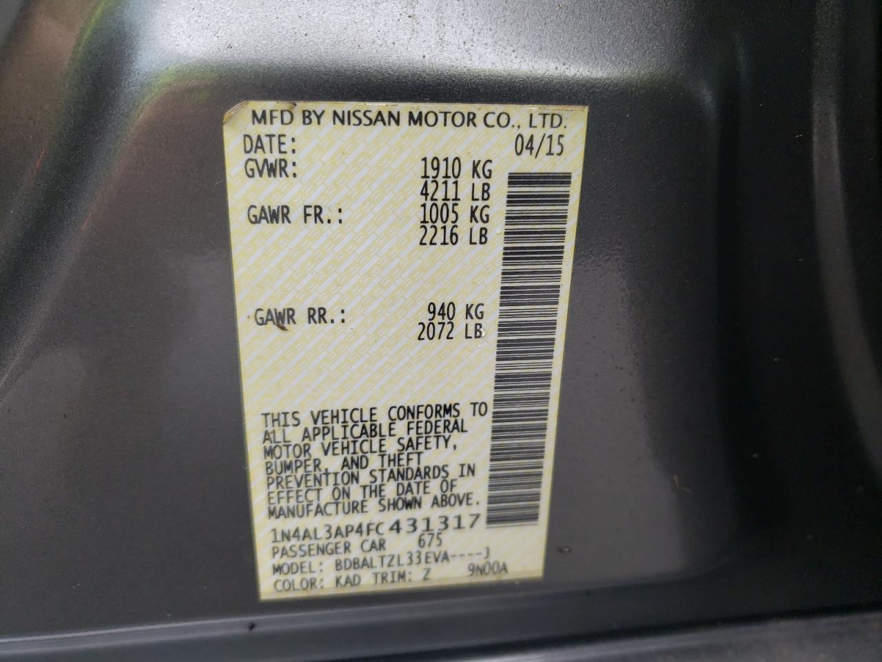 Photo 10 from auction – 2015 NISSAN ALTIMA 2.5 with VIN 1N4AL3AP4FC431317