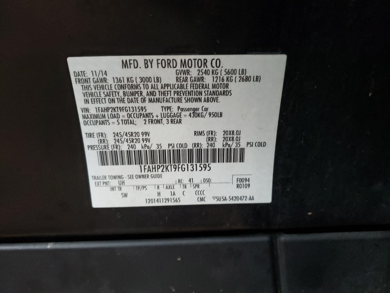 Photo 10 from auction – 2015 FORD TAURUS SHO with VIN 1FAHP2KT9FG131595