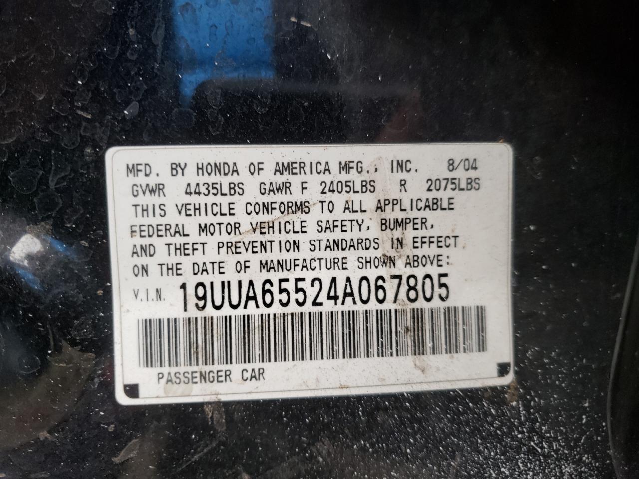 Photo 10 from auction – 2004 ACURA TL with VIN 19UUA65524A067805