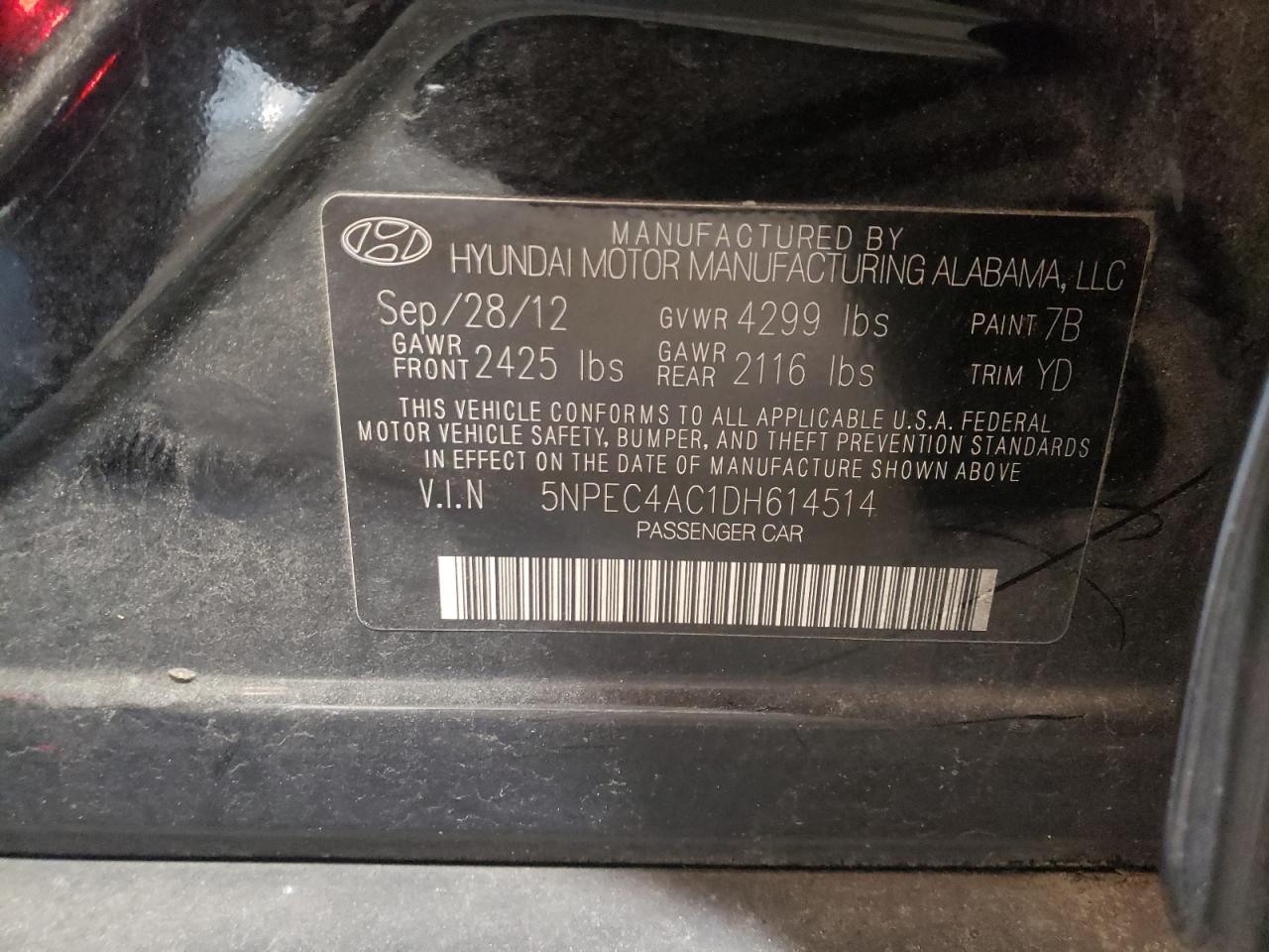 Photo 10 from auction – 2013 HYUNDAI SONATA SE with VIN 5NPEC4AC1DH614514