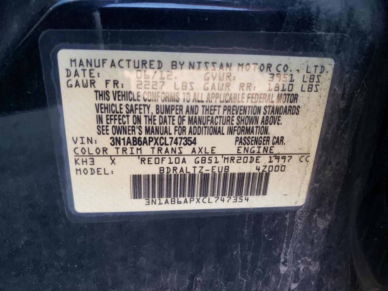 Photo 10 from auction – 2012 NISSAN SENTRA 2.0 with VIN 3N1AB6APXCL747354
