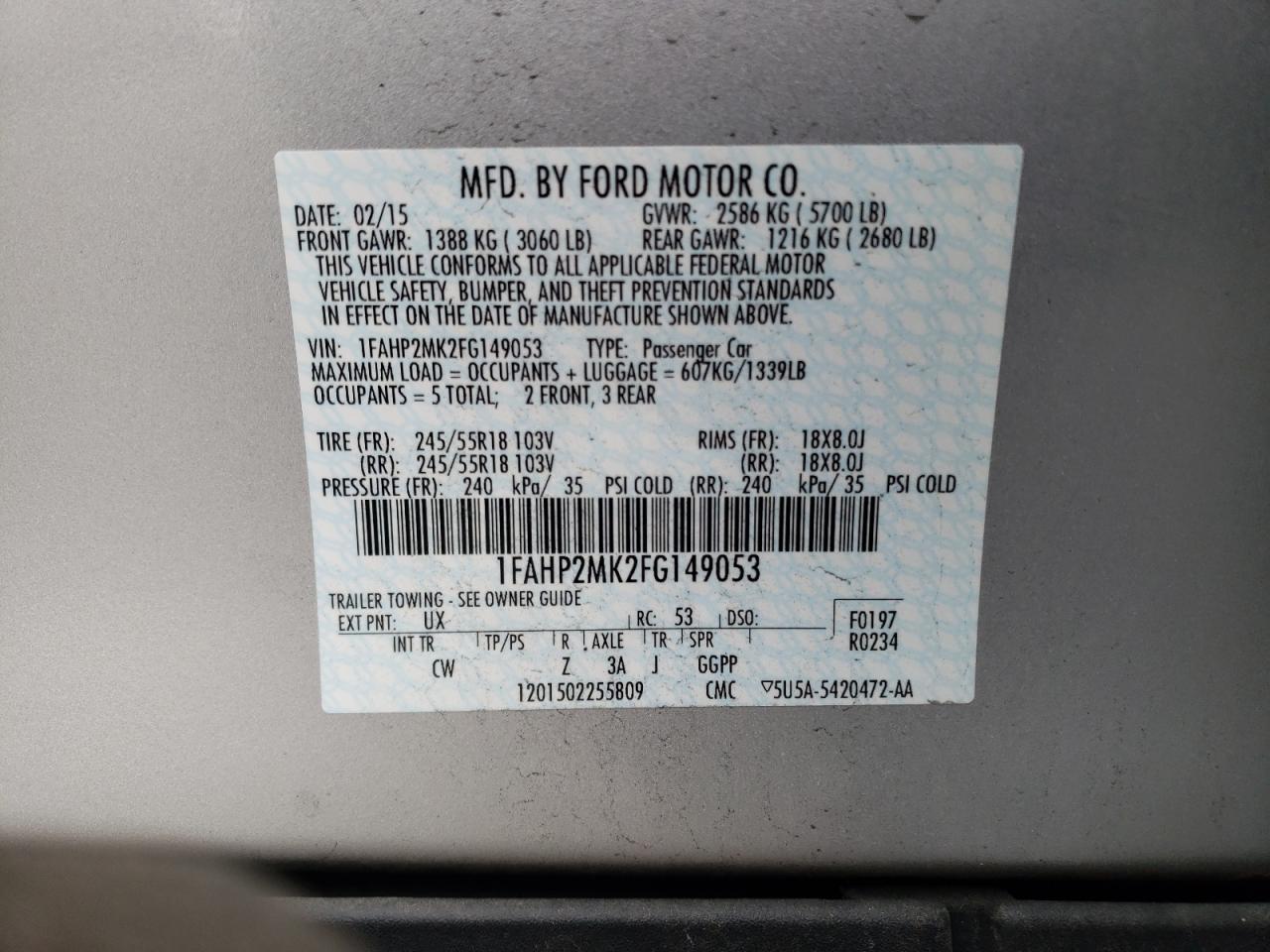 Photo 10 from auction – 2015 FORD TAURUS POL with VIN 1FAHP2MK2FG149053
