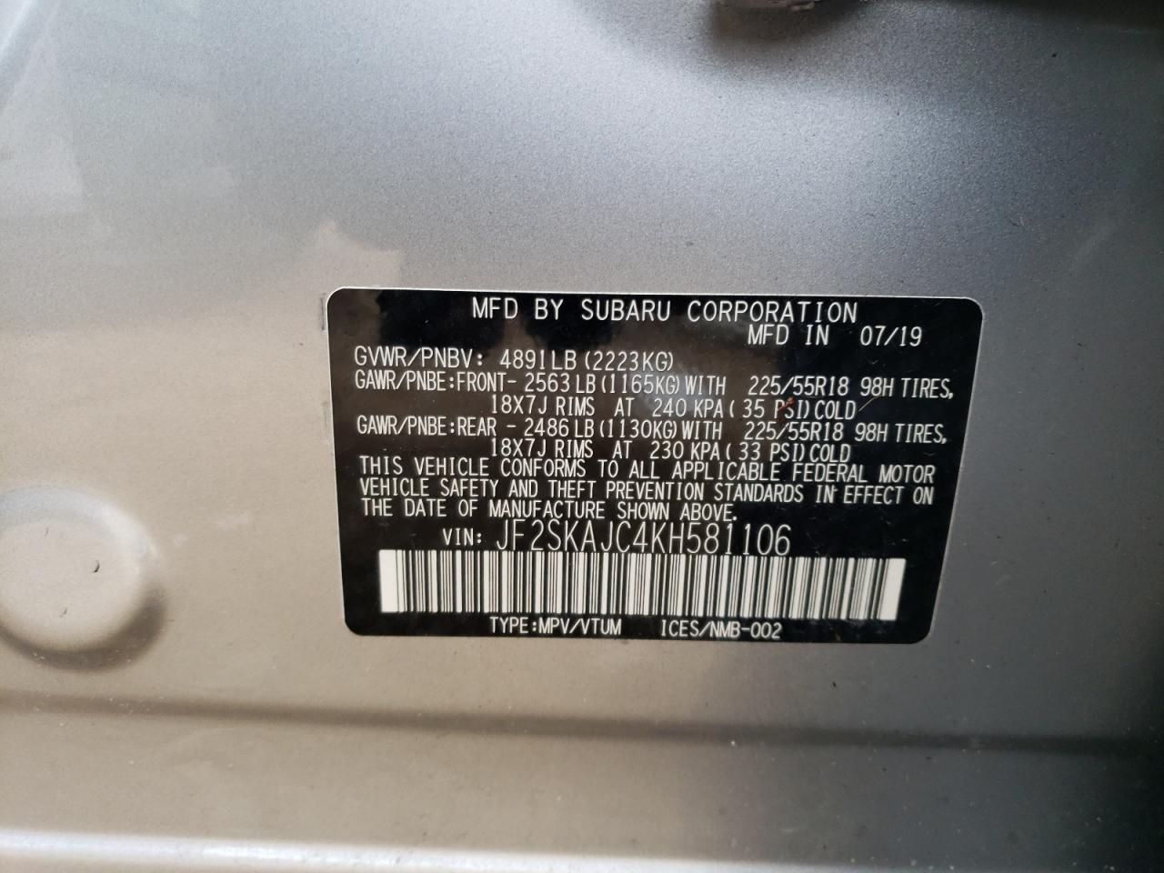 Photo 10 from auction – 2019 SUBARU FORESTER S with VIN JF2SKAJC4KH581106