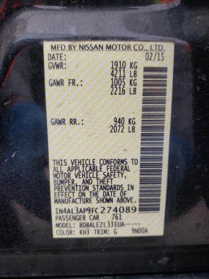 Photo 10 from auction – 2015 NISSAN ALTIMA 2.5 with VIN 1N4AL3AP9FC274089