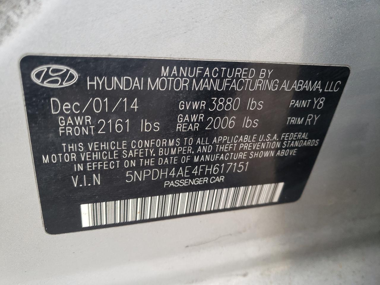 Photo 10 from auction – 2015 HYUNDAI ELANTRA SE with VIN 5NPDH4AE4FH617151