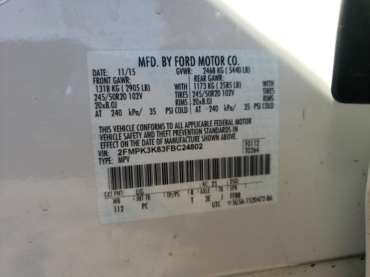 Photo 10 from auction – 2015 FORD EDGE TITAN with VIN 2FMPK3K83FBC24802