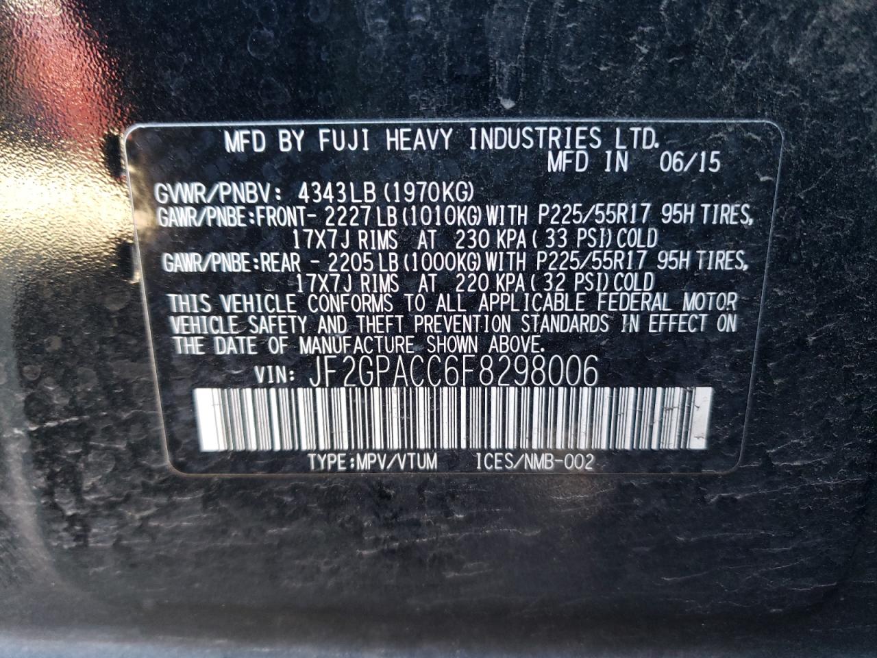 Photo 10 from auction – 2015 SUBARU XV CROSSTR with VIN JF2GPACC6F8298006