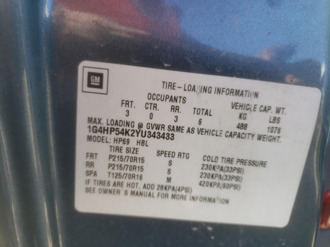 Photo 10 from auction – 2000 BUICK LESABRE CU with VIN 1G4HP54K2YU343433