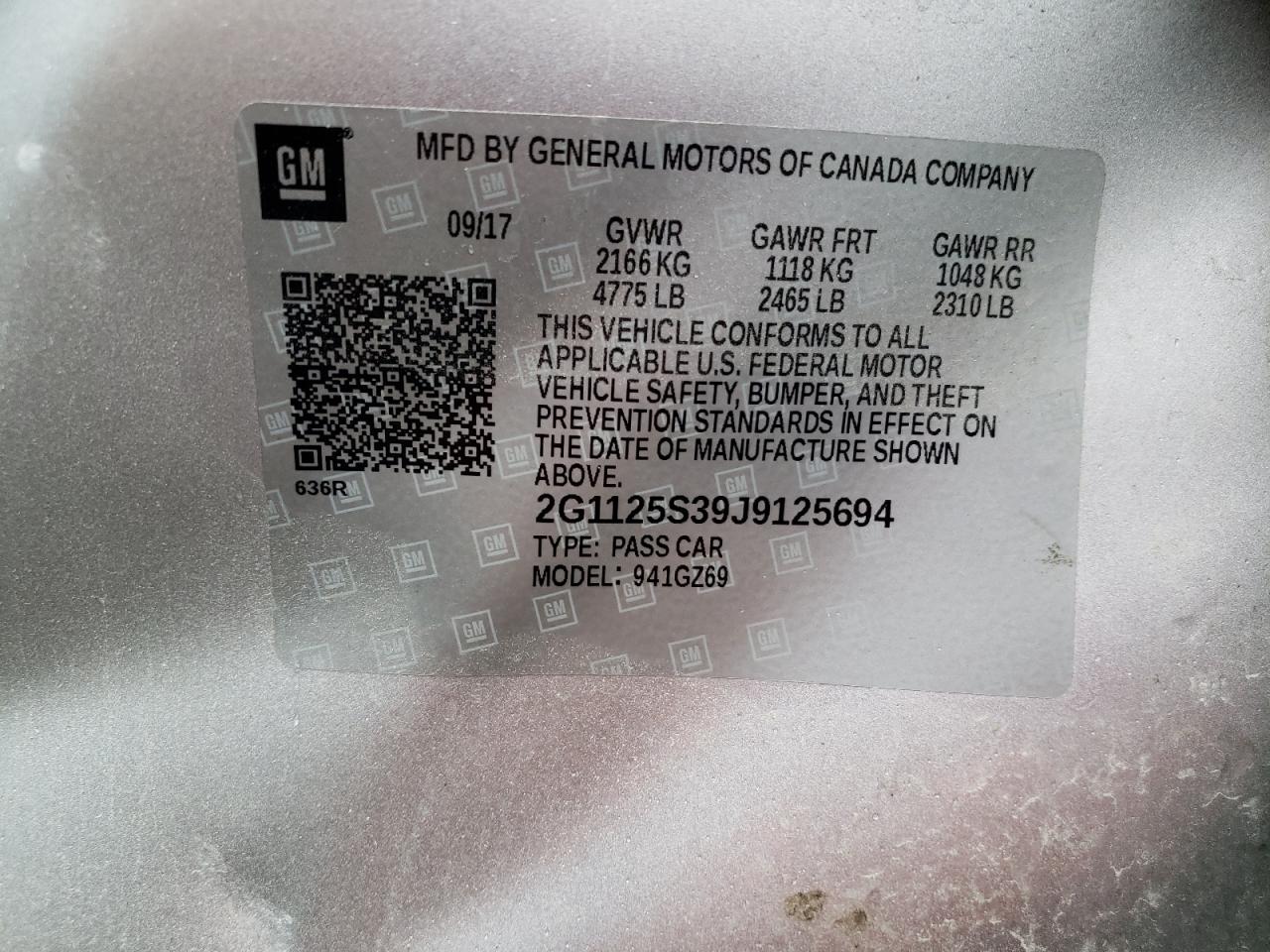 Photo 10 from auction – 2018 CHEVROLET IMPALA PRE with VIN 2G1125S39J9125694