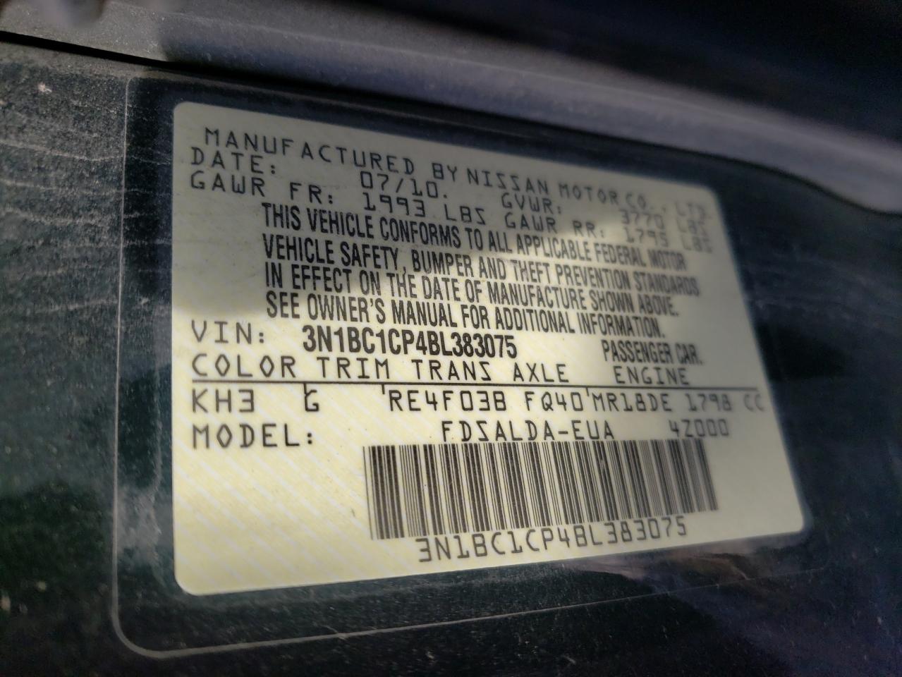Photo 10 from auction – 2011 NISSAN VERSA S with VIN 3N1BC1CP4BL383075