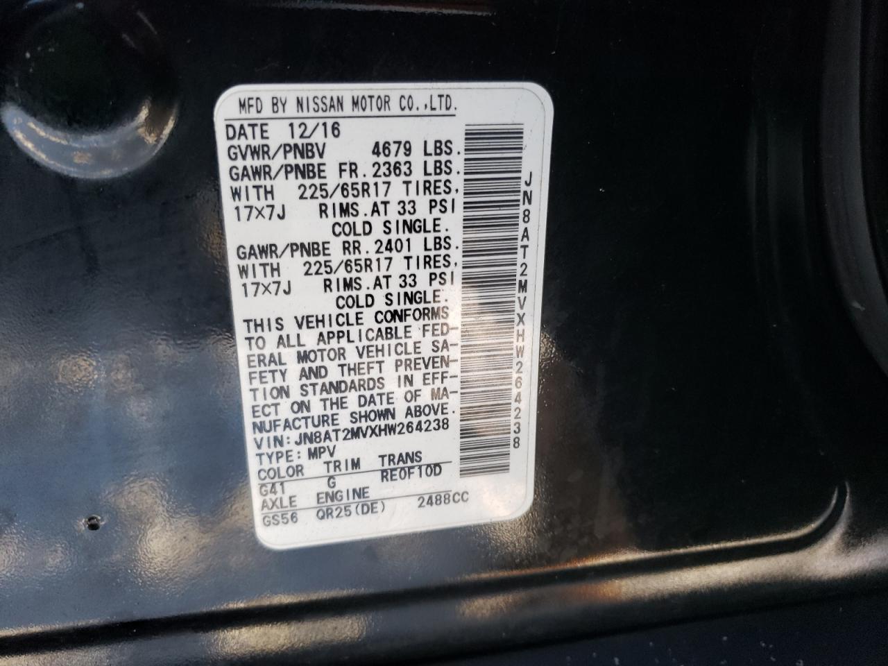 Photo 10 from auction – 2017 NISSAN ROGUE S with VIN JN8AT2MVXHW264238
