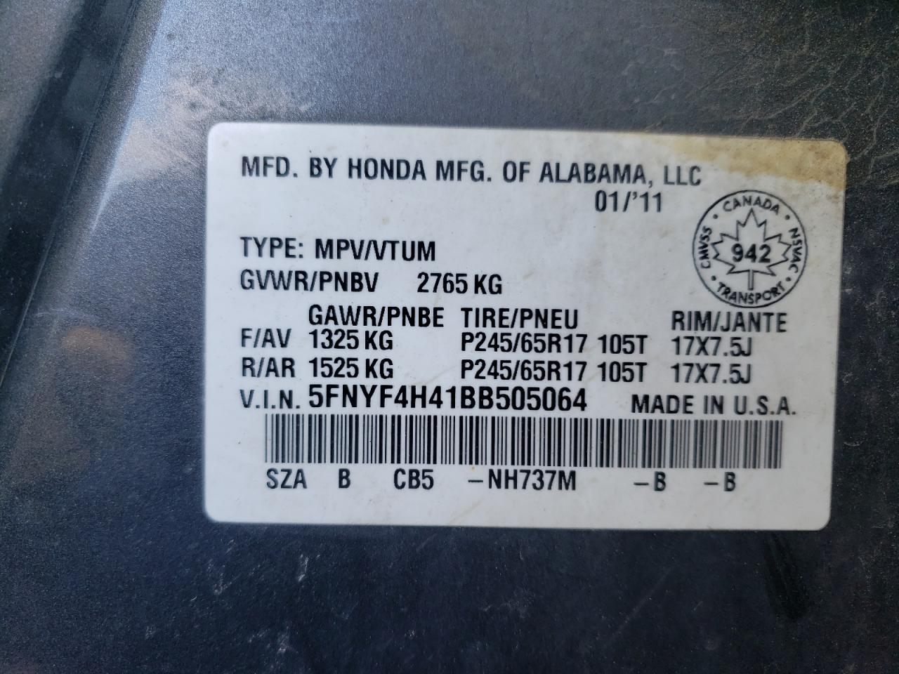Photo 10 from auction – 2011 HONDA PILOT EX with VIN 5FNYF4H41BB505064