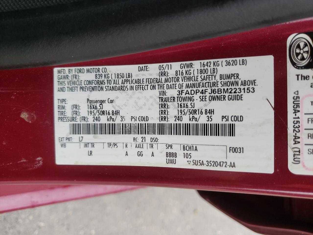 Photo 10 from auction – 2011 FORD FIESTA SES with VIN 3FADP4FJ6BM223153