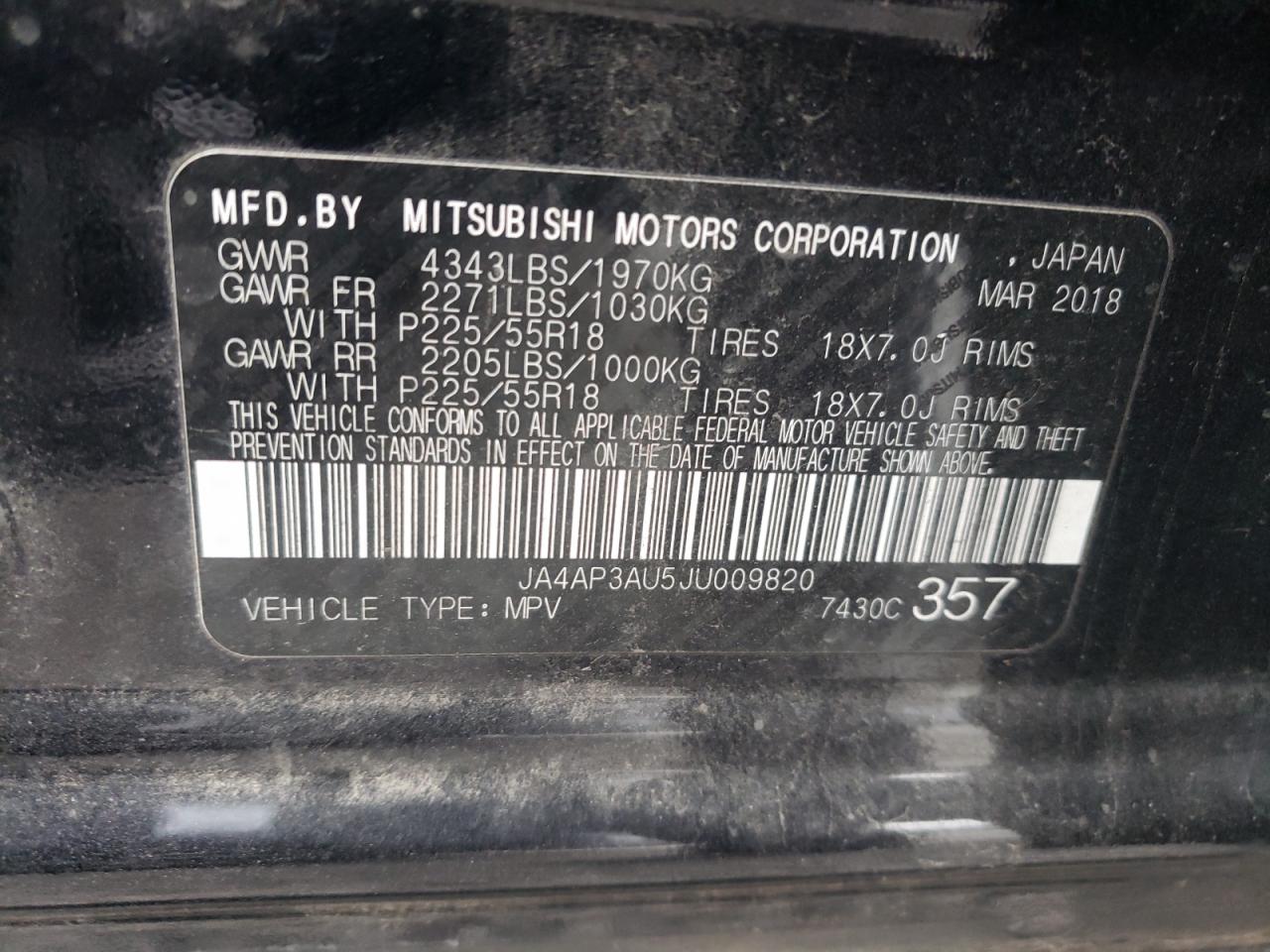 Photo 10 from auction – 2018 MITSUBISHI OUTLANDER with VIN JA4AP3AU5JU009820