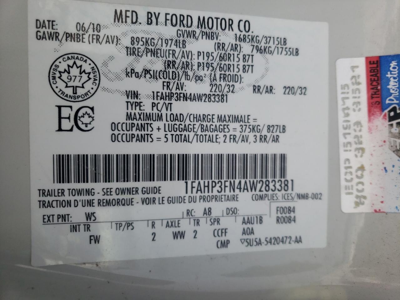 Photo 10 from auction – 2010 FORD FOCUS SE with VIN 1FAHP3FN4AW283381