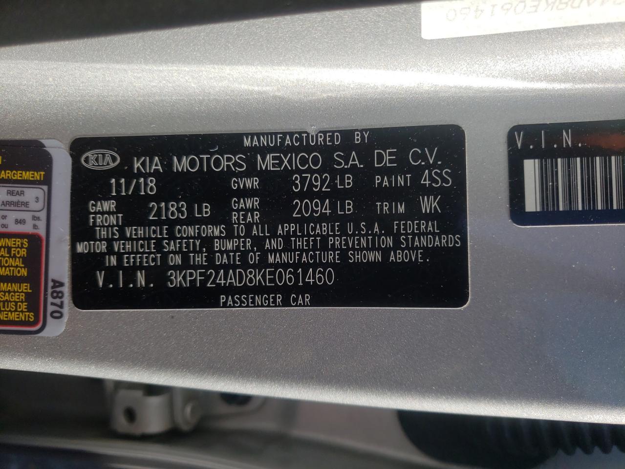 Photo 10 from auction – 2019 KIA FORTE FE with VIN 3KPF24AD8KE061460