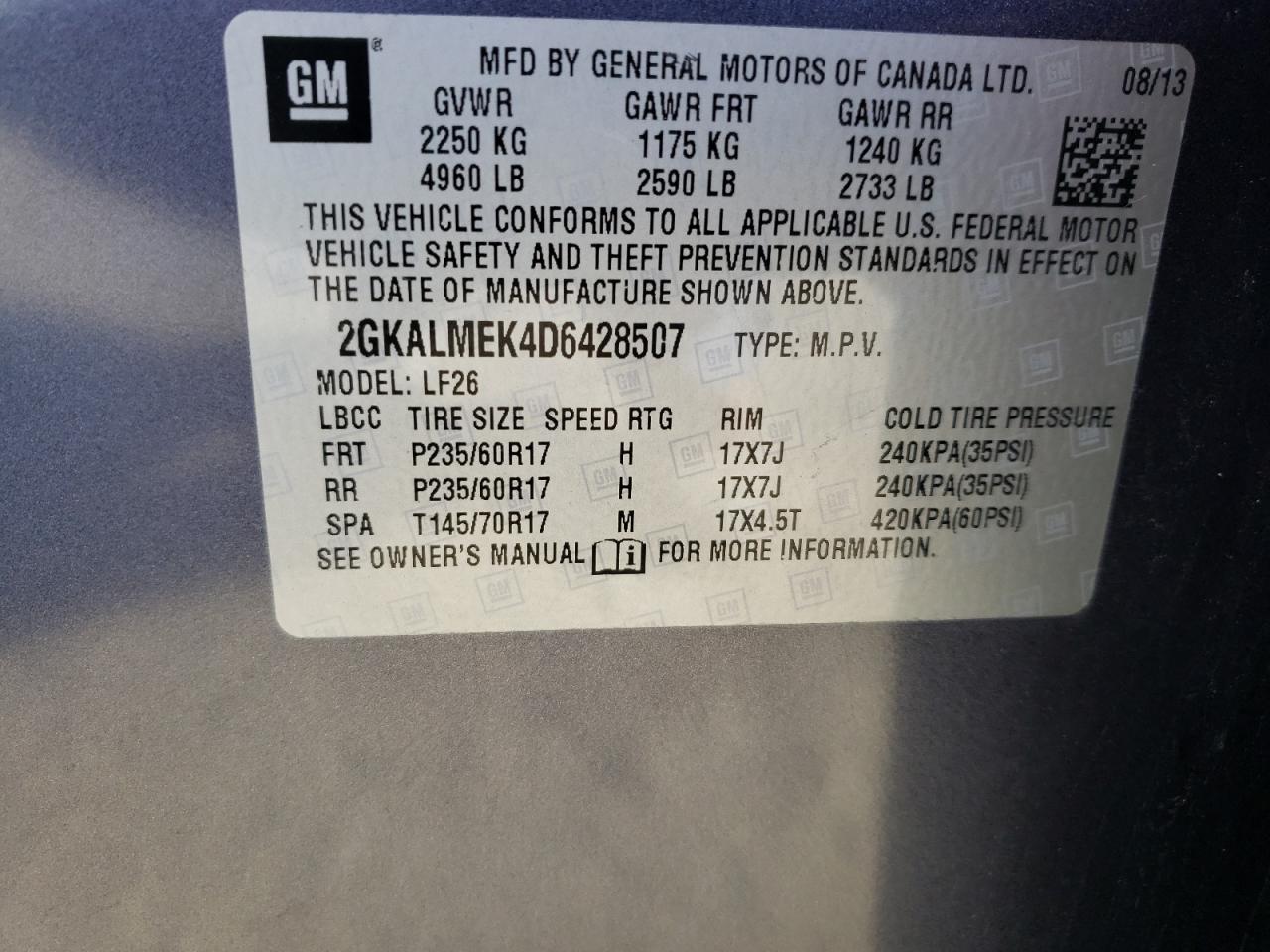 Photo 10 from auction – 2013 GMC TERRAIN SL with VIN 2GKALMEK4D6428507