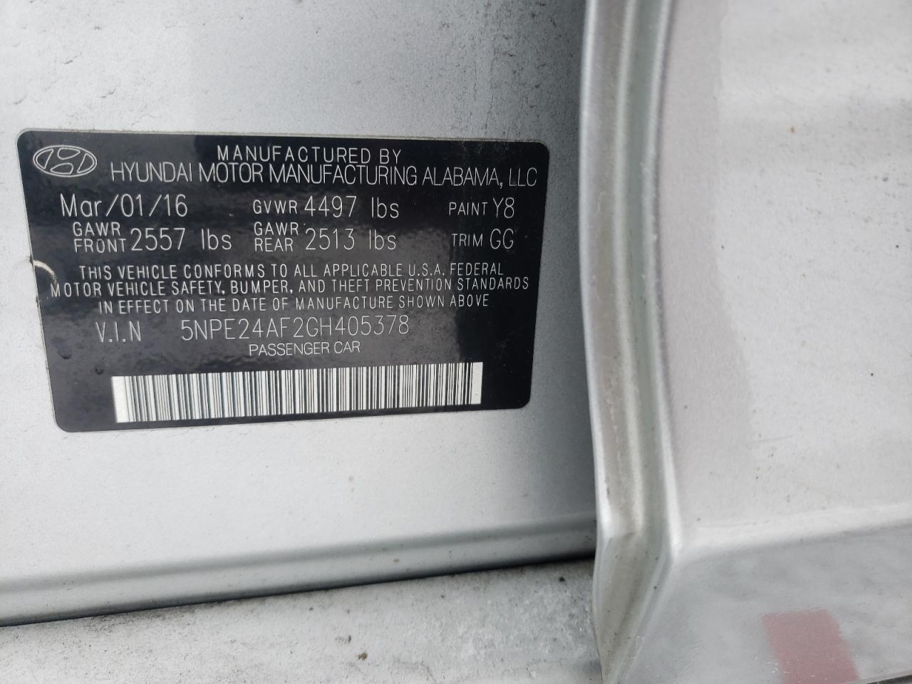 Photo 10 from auction – 2016 HYUNDAI SONATA SE with VIN 5NPE24AF2GH405378