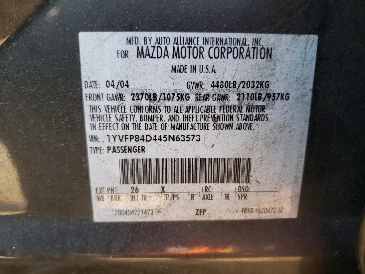 Photo 10 from auction – 2004 MAZDA 6 S with VIN 1YVFP84D445N63573
