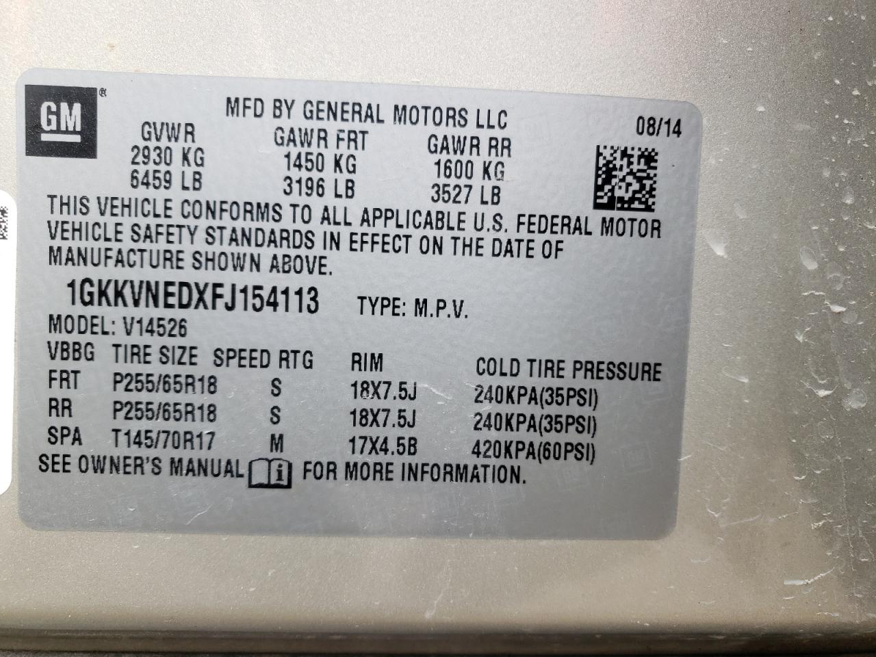 Photo 10 from auction – 2015 GMC ACADIA SLE with VIN 1GKKVNEDXFJ154113
