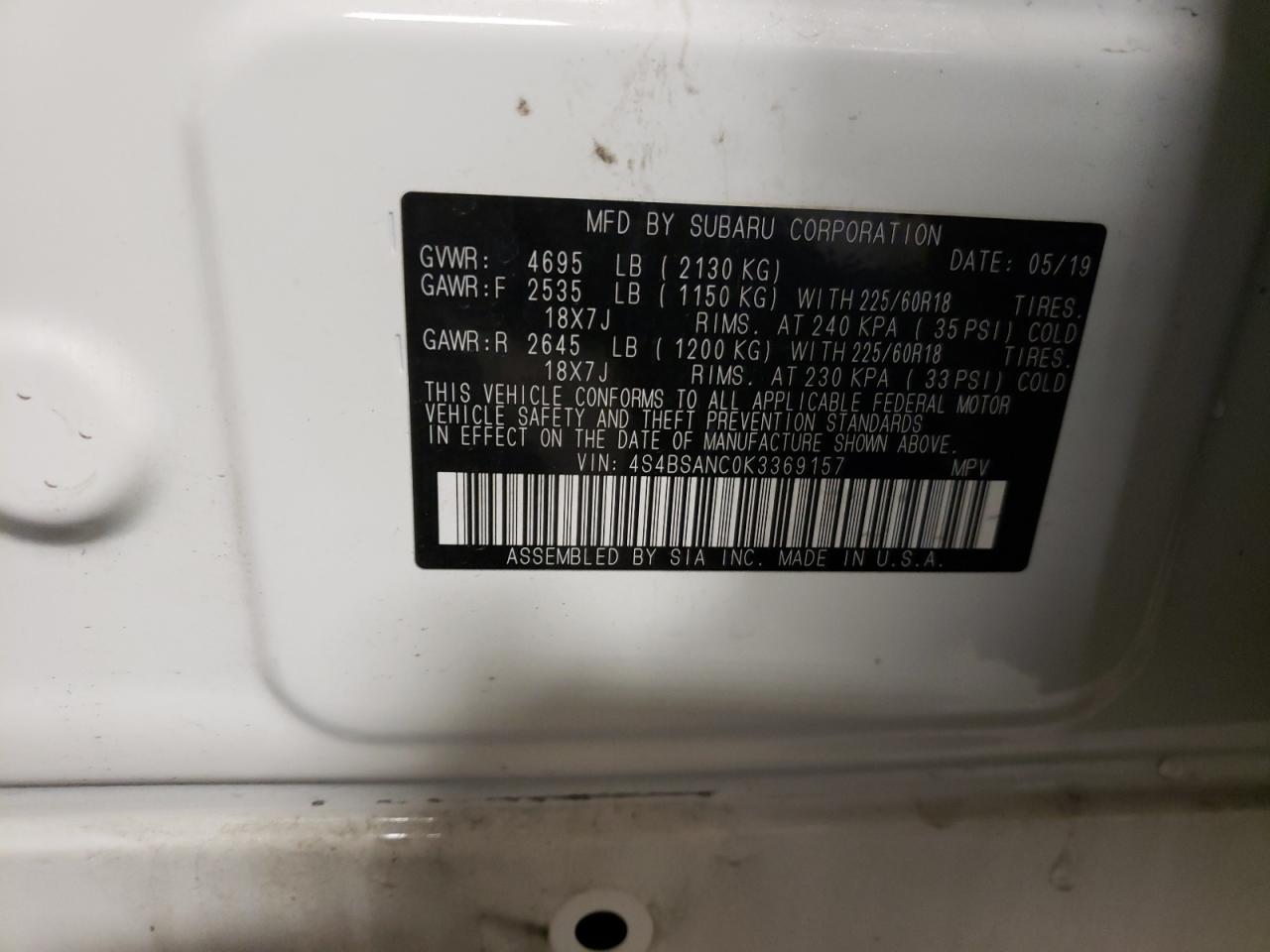 Photo 10 from auction – 2019 SUBARU OUTBACK 2. with VIN 4S4BSANC0K3369157