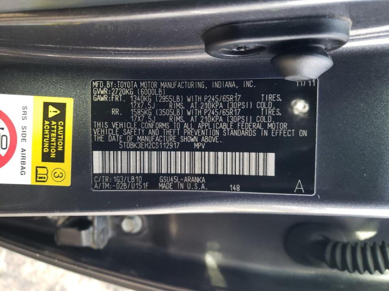 Photo 10 from auction – 2012 TOYOTA HIGHLANDER with VIN 5TDBK3EH2CS112917