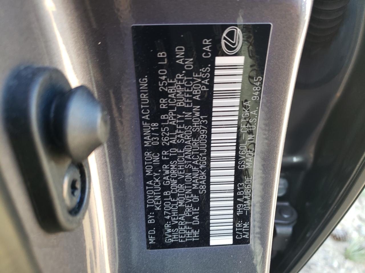 Photo 10 from auction – 2018 LEXUS ES 350 with VIN 58ABK1GG1JU099731