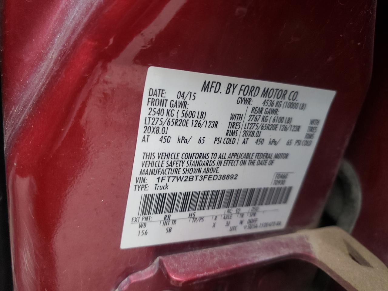 Photo 10 from auction – 2015 FORD F250 SUPER with VIN 1FT7W2BT3FED38892