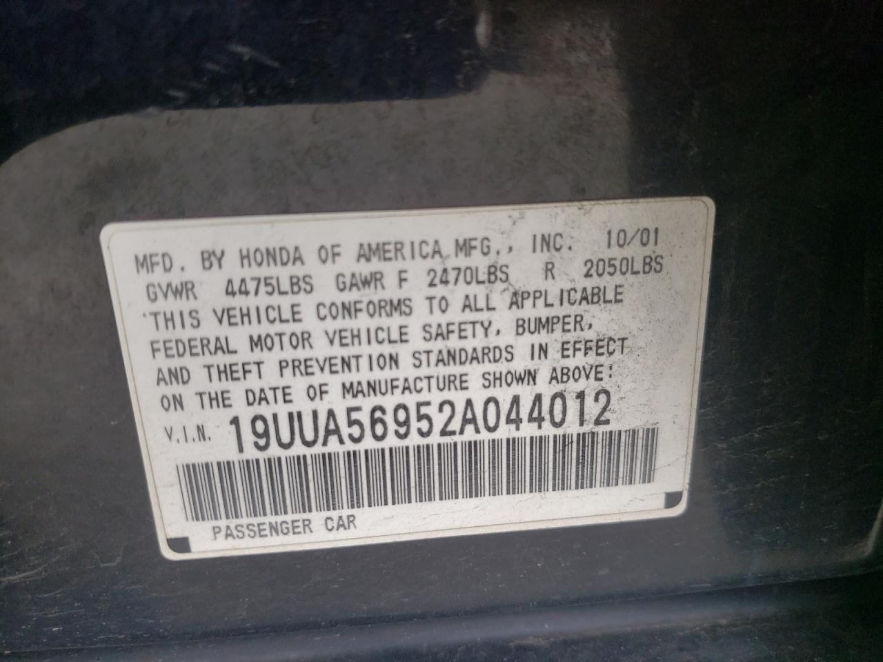 Photo 10 from auction – 2002 ACURA 3.2TL TYPE with VIN 19UUA56952A044012