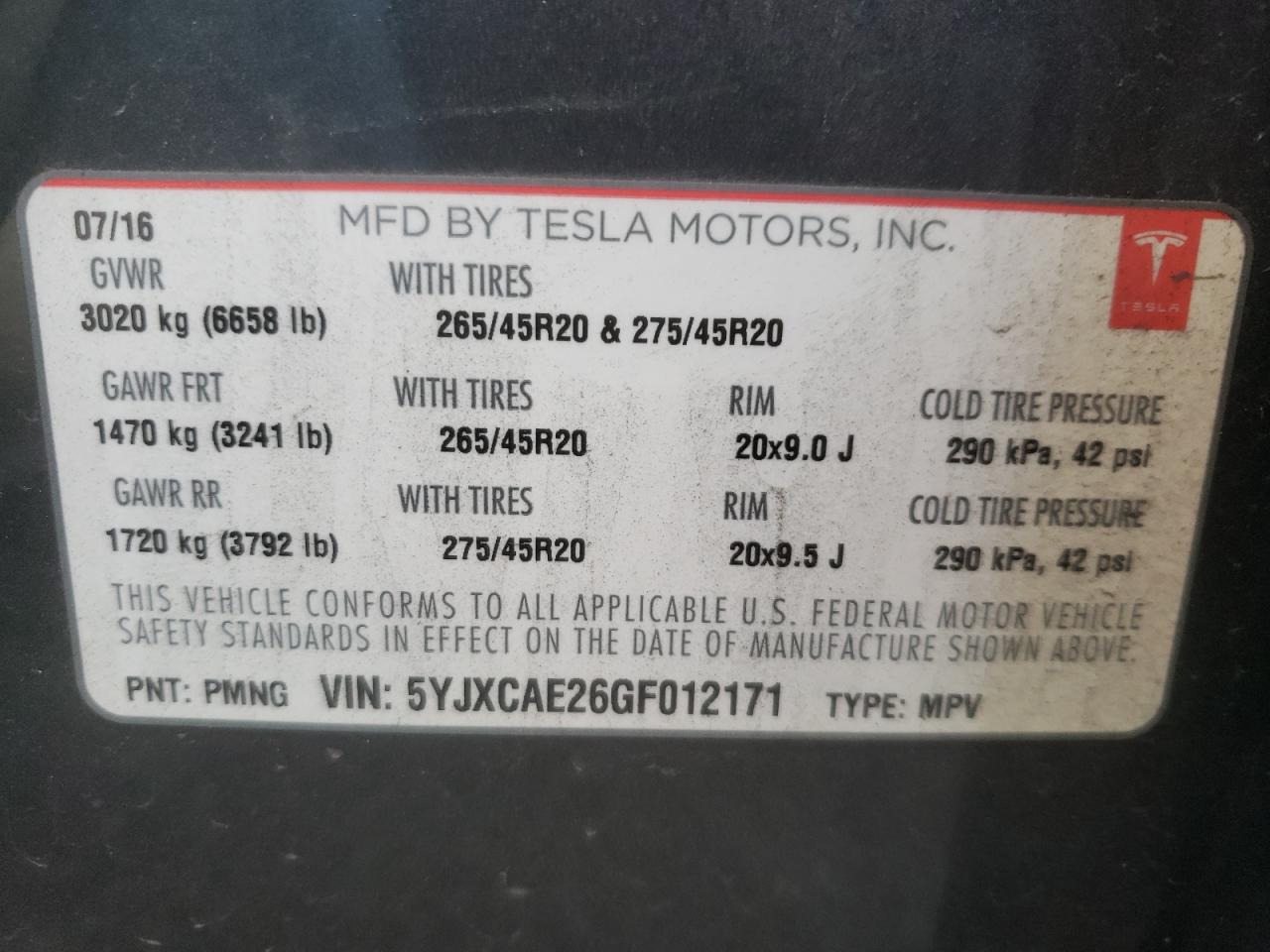 Photo 10 from auction – 2016 TESLA MODEL X with VIN 5YJXCAE26GF012171