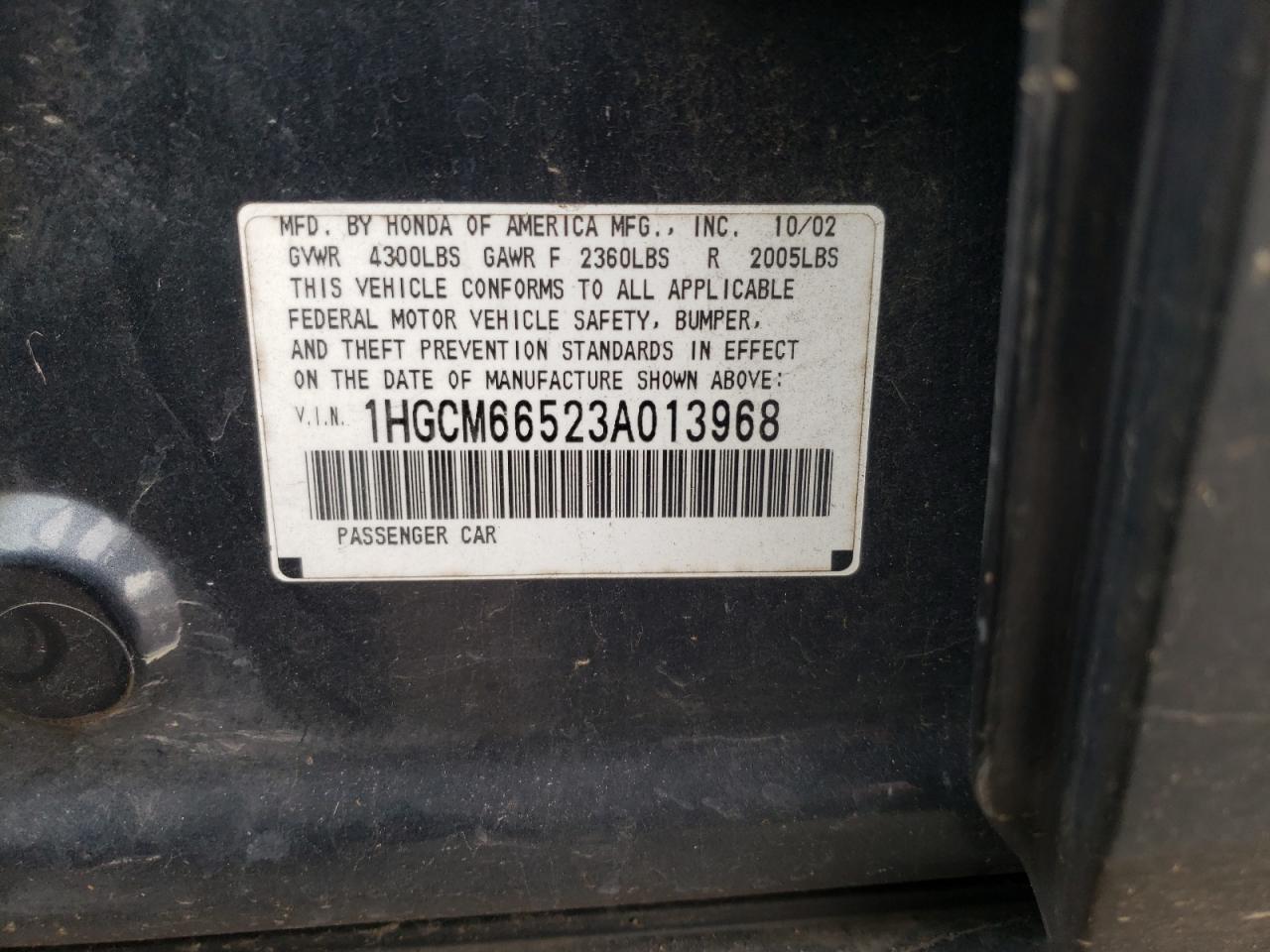Photo 10 from auction – 2003 HONDA ACCORD EX with VIN 1HGCM66523A013968