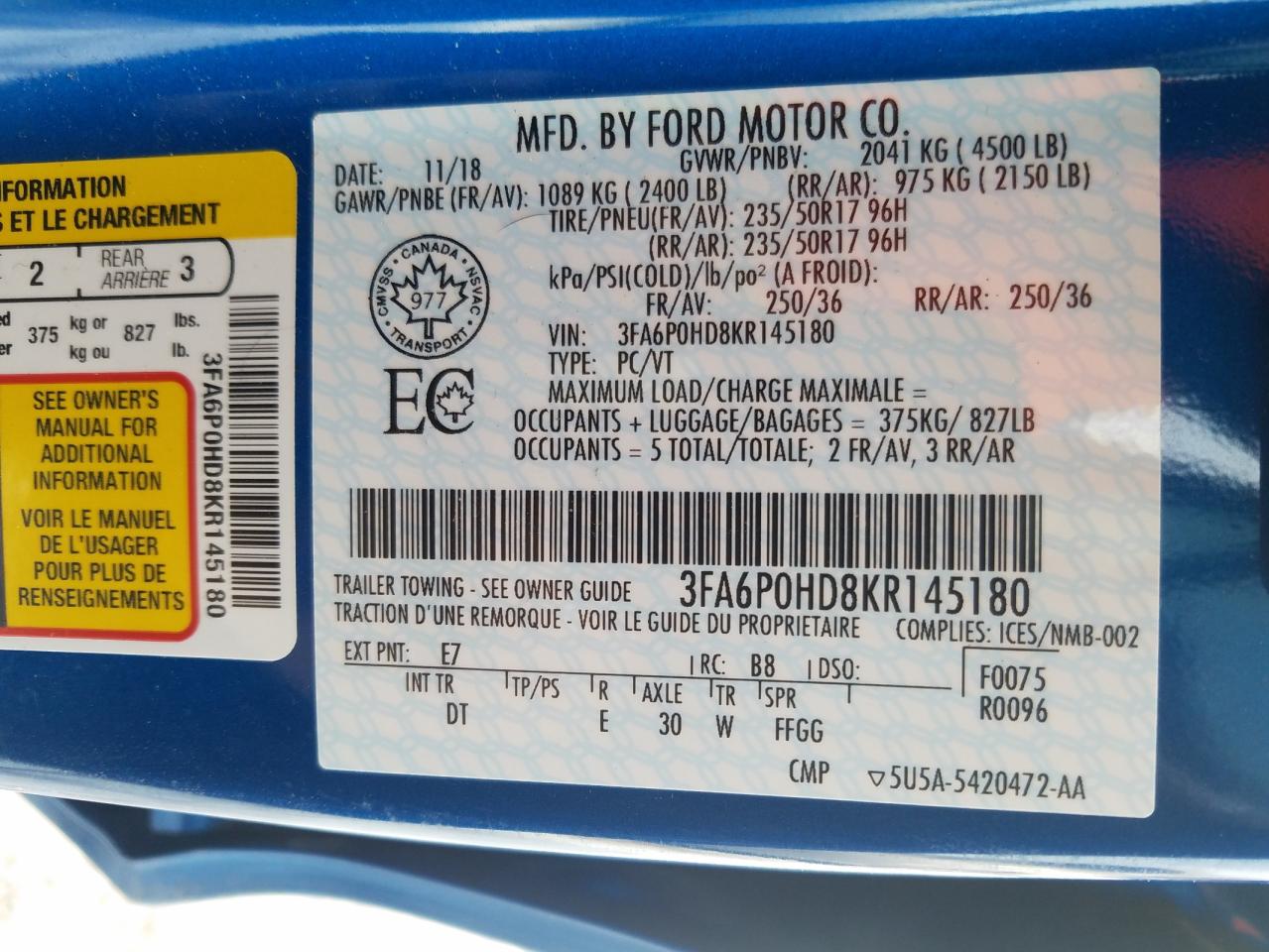Photo 10 from auction – 2019 FORD FUSION SE with VIN 3FA6P0HD8KR145180