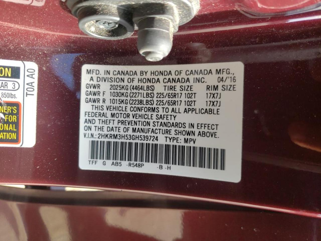 Photo 10 from auction – 2016 HONDA CR-V EX with VIN 2HKRM3H53GH539724