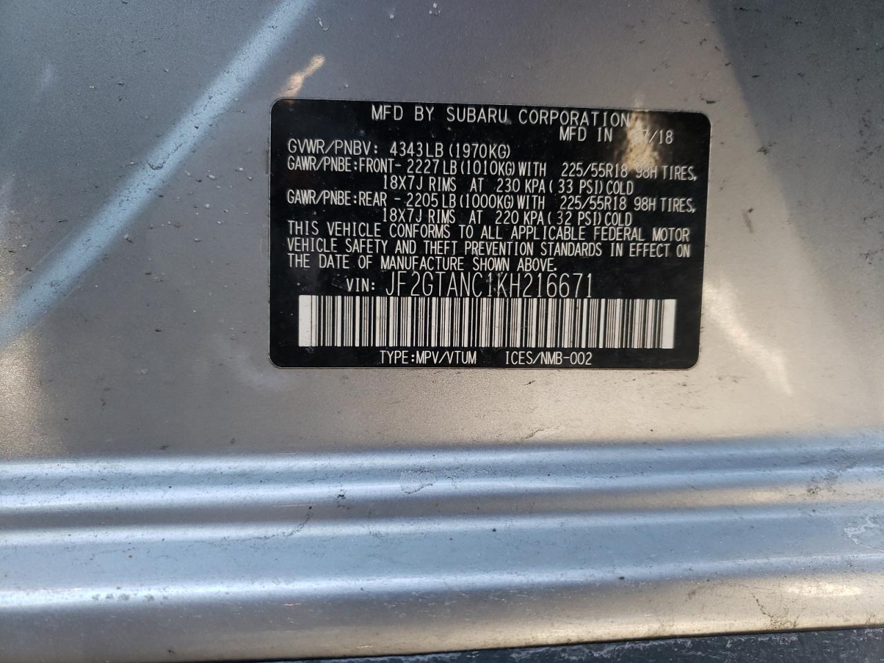 Photo 10 from auction – 2019 SUBARU CROSSTREK with VIN JF2GTANC1KH216671