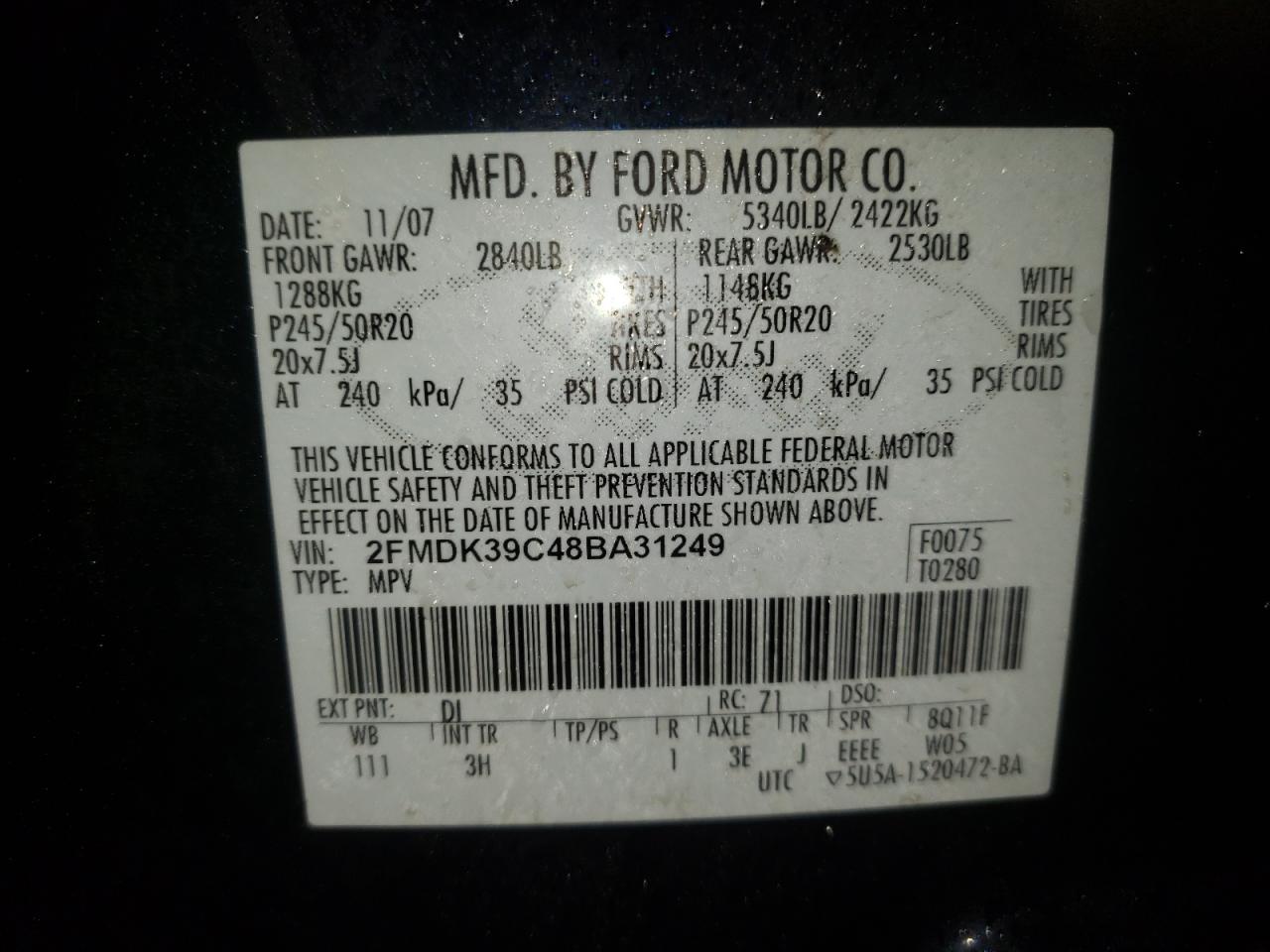 Photo 10 from auction – 2008 FORD EDGE LIMIT with VIN 2FMDK39C48BA31249