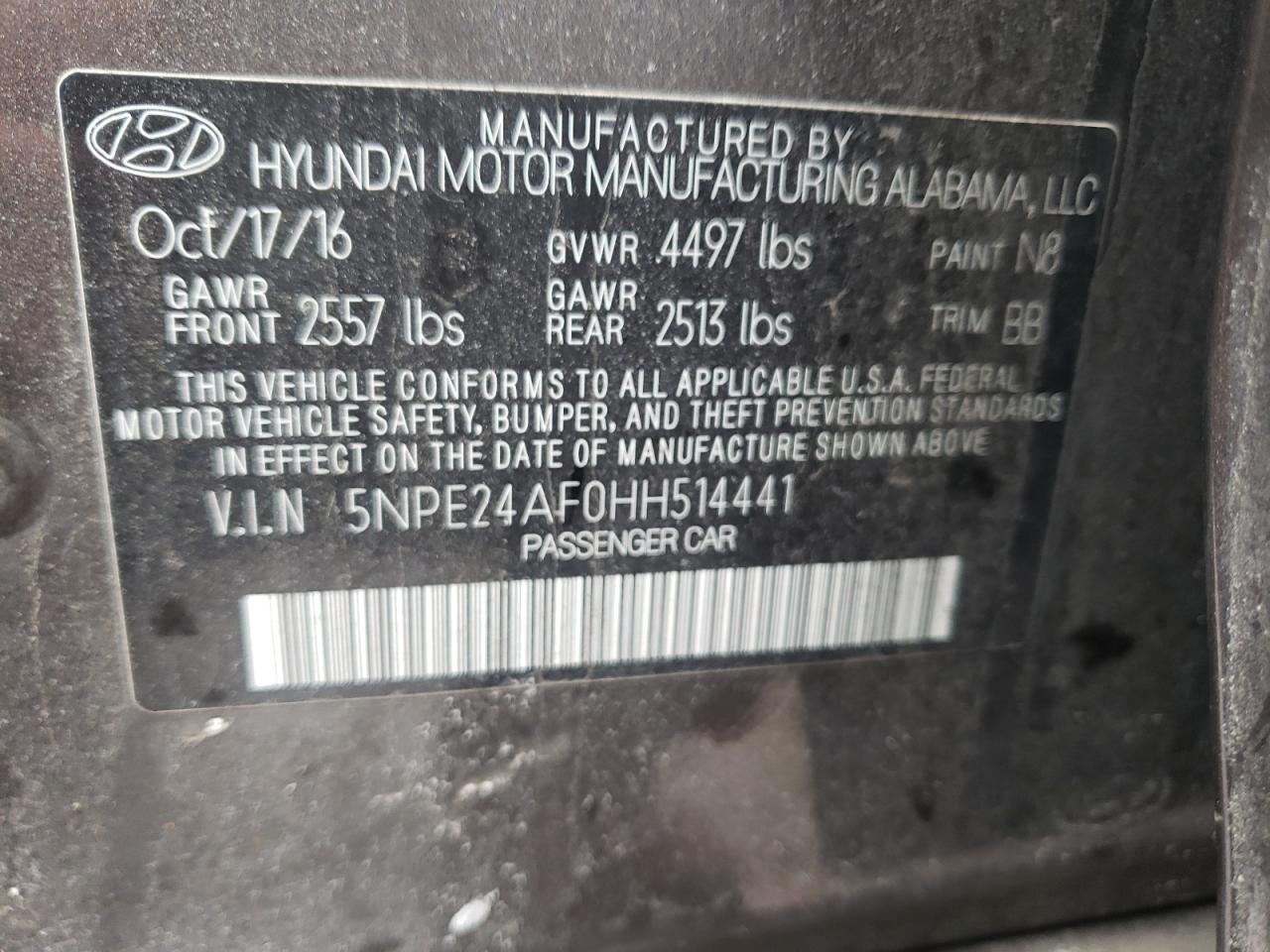 Photo 10 from auction – 2017 HYUNDAI SONATA SE with VIN 5NPE24AF0HH514441