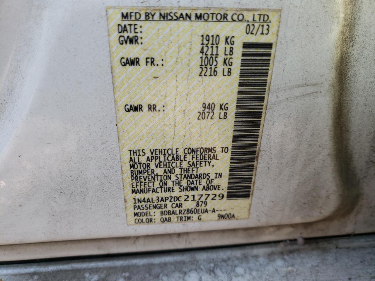 Photo 10 from auction – 2013 NISSAN ALTIMA 2.5 with VIN 1N4AL3AP2DC217729