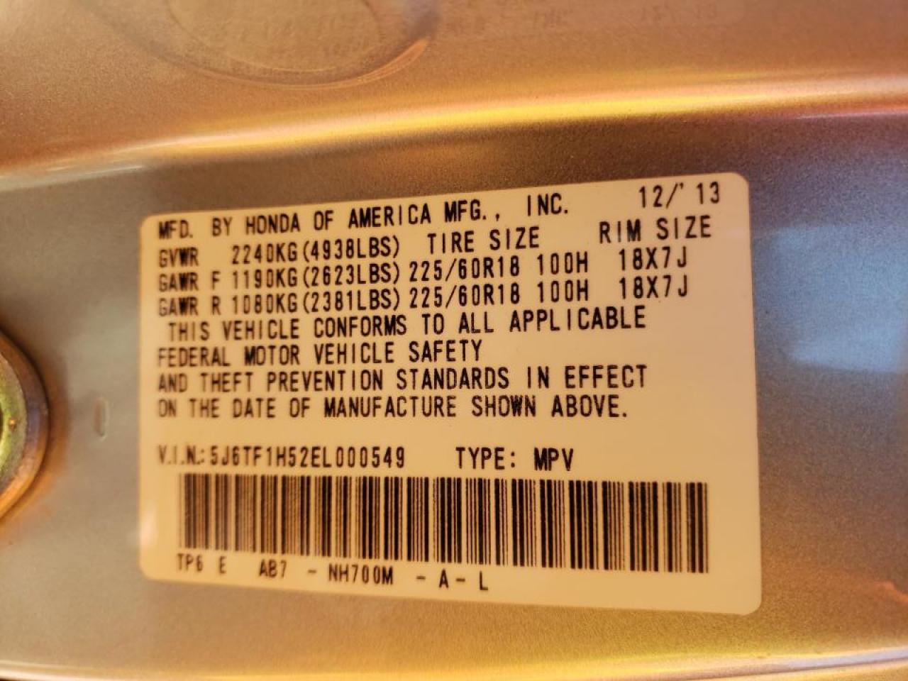 Photo 10 from auction – 2014 HONDA CROSSTOUR with VIN 5J6TF1H52EL000549