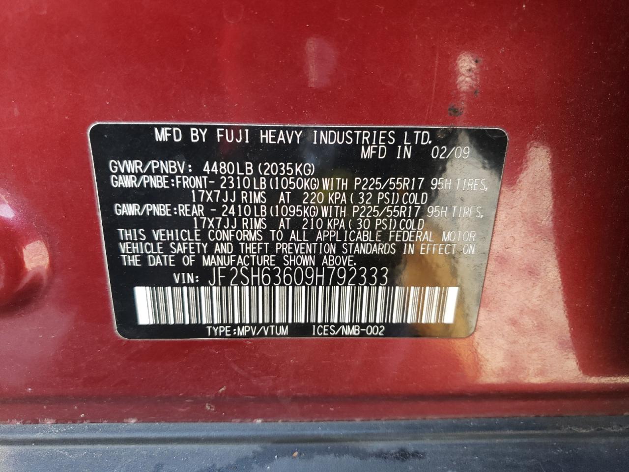 Photo 10 from auction – 2009 SUBARU FORESTER 2 with VIN JF2SH63609H792333