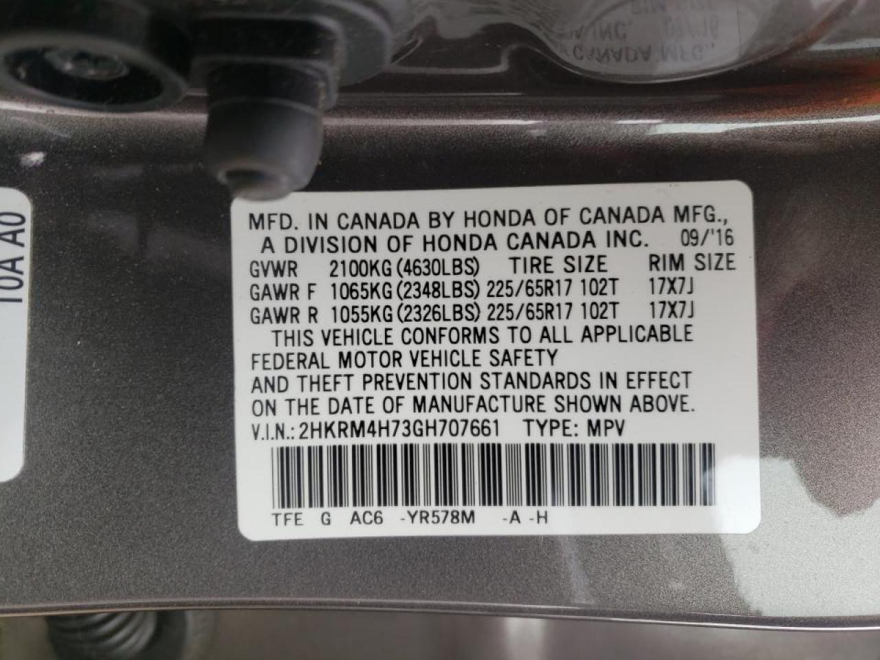 Photo 10 from auction – 2016 HONDA CR-V EXL with VIN 2HKRM4H73GH707661